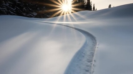 Wall Mural - Winter trail winding through snowy landscape, sunburst