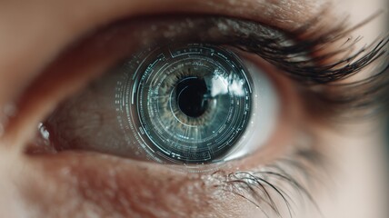 Poster - Innovative biometric technology showcasing an eye with digital enhancements and fingerprint recognition patterns