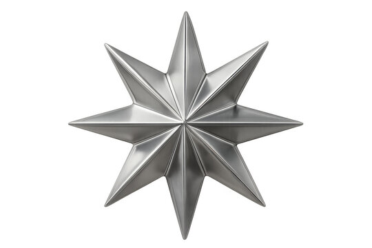 Three-dimensional rendering of a brushed metal eleven-pointed star on a transparent background