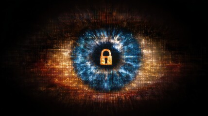 Poster - Biometric security concept featuring an eye with a lock symbol, representing advanced technology and safety