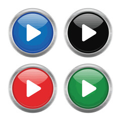 Four colorful glossy play buttons in blue black red and green