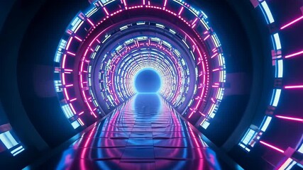 Poster - Futuristic neon tunnel with vibrant glowing concentric circles and digital effects