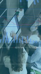 Poster - Animation of charts processing data over diverse male and female colleagues using computer at office