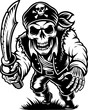 © Jessada - SVG skull of a skeleton pirate captain for tattoo style, Halloween theme. Pirate Skull Character in Retro Black and White Illustration