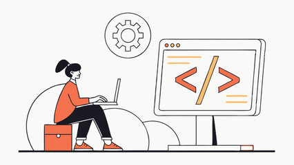 Female Programmer Coding on Laptop with Computer Monitor Display.