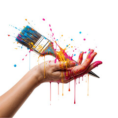 Wall Mural - Colorful Paintbrush Held in Artistic Hand Creating Vibrant Splatter on Transparent Space