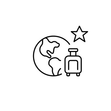 Earth, travel luggage and star. Preferred tourist destination, vacation and holiday. Worldwide hospitality and airlines. Pixel perfect, editable stroke vector icon