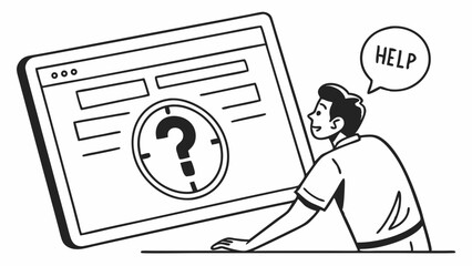 Man seeking help with a website question mark outline.