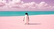 © Tri - Penguin Contemplating the Turquoise Waters of the Ocean on a Pink Sandy Beach