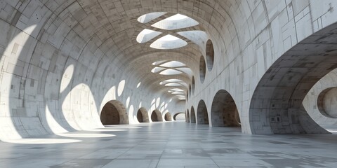 Poster - A long hallway with archways and light coming through the ceiling openings in a building on transparent background