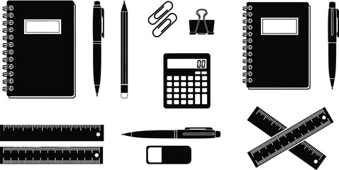 Fototapete - Vector art of a collection of black and school and office supplies including notebooks, pens, pencils, paperclips, binder clips, a calculator, rulers, and an eraser