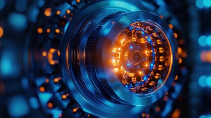 Poster - Close-Up of Futuristic Mechanical Component with Glowing Lights and Intricate Design in a Dark Environment