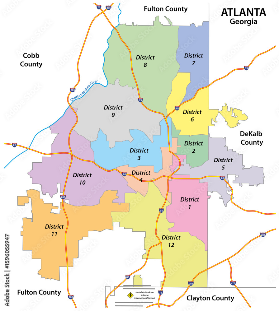 Distrubtion Atlanta Map Administrative district map of Atlanta, Georgia, United States Stock ...
