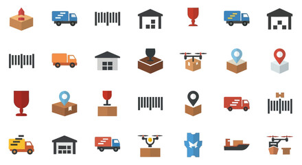 Poster - Real estate icon set featuring buildings houses and property symbols in a clean vector illustration style