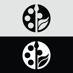 Poster - A creative logo design in black and white showcases an artists palette, brush, and leaf element, representing artistic inspiration
