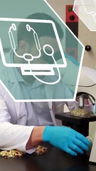 Poster - Animation of scientific icons in hexagons over caucasian male lab worker using microscope