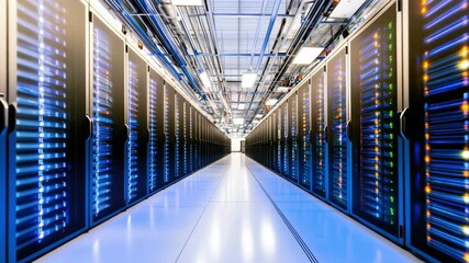 Poster - modern data center technology illuminated server racks, network, computer, and storage solutions
