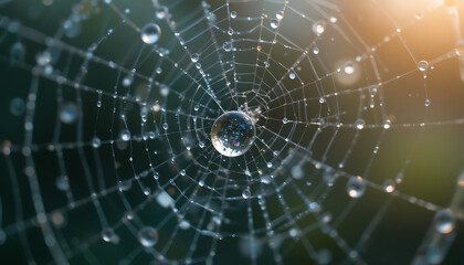 Macro Photography: Dew-Covered Spiderweb - Nature's Intricate Design AI Generated