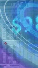 Poster - Animation of stock market data processing and round scanner against computer server room