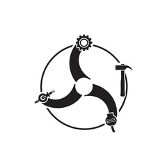 Poster - Black and white circular logo featuring a gear, hammer, wire, and cable in a propeller design