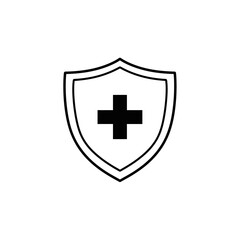 Poster - Illustration of a black medical cross centered inside a double lined shield on a white background
