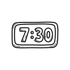 Poster - A doodle style illustration of a digital clock displaying the time as seven thirty in black and white
