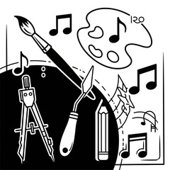 Leinwandbilder - Black and white illustration featuring art supplies and musical notes in a graphic design style