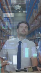 Poster - Animation of data processing over people working in warehouse