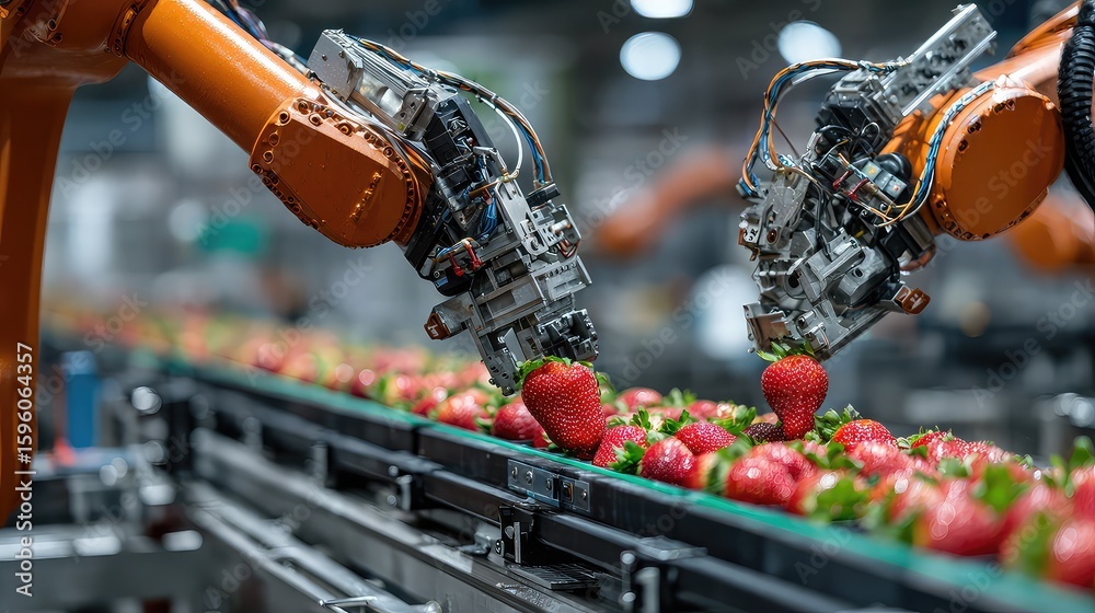 Robotic arms sorting fresh fruit by ripeness and defects using AI ...