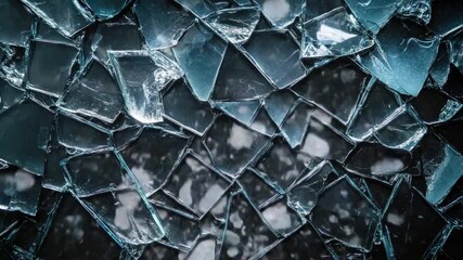 Poster - Broken glass surface texture with sharp edges and a dark background featuring irregular fragment patterns and reflections.