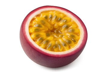 Poster - Halved passion fruit displaying vivid seeds and juicy pulp, ripe and glistening on clean transparent background
