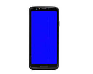 Poster - Black smartphone with blue screen, modern mobile device, isolated on transparent background, digital technology, communication tool, blank display, minimal design