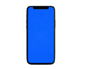 Poster - Smartphone with blue screen modern mobile device isolated on transparency background digital technology communication tool blank display vertical orientation sleek design