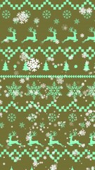 Poster - Animation of snowflakes over traditional christmas pattern on green background with copy space