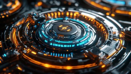 Poster - Futuristic neon circular interface with glowing lines and details in an abstract design presenting technology and innovation concepts