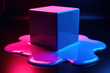 Wall Mural - a cube is sitting on a blue and purple liquid