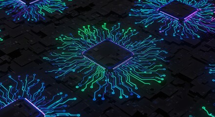 Fototapete - Abstract digital rendering of multiple interconnected computer chips with glowing green and blue circuit patterns on a dark textured surface.