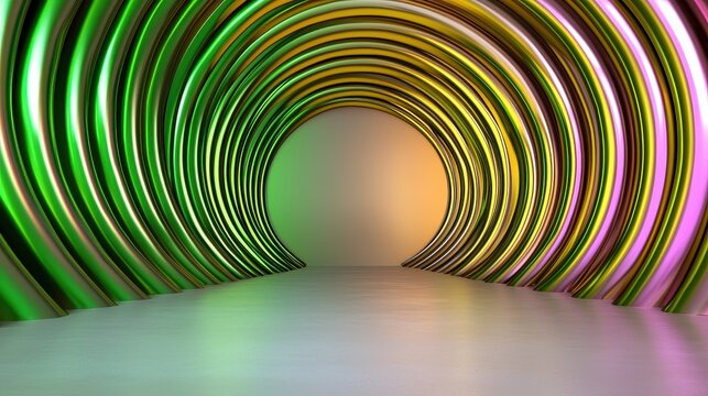 Abstract 3D Circular Tunnel with Vibrant Metallic Rings and Soft White Background