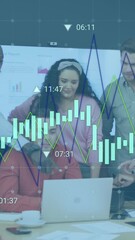 Poster - Animation of data processing against team of diverse colleagues discussing together at office