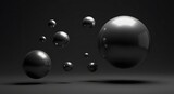 A group of shiny, metallic spheres of varying sizes are scattered against a dark gray background, some appearing to float.