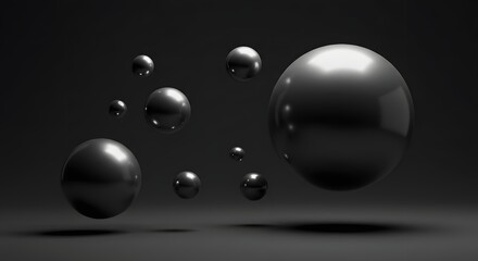 Fototapete - A group of shiny, metallic spheres of varying sizes are scattered against a dark gray background, some appearing to float.
