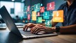 © Md Fazly Rabby - Businessman messaging team with using laptop computer. Collaboration platform. Employee communication and knowledge sharing on discussion forums in internal social network.