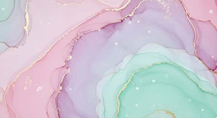 Poster - Abstract fluid art background featuring swirling pastel colors of pink, purple, and green with delicate gold accents and a textured, marbled effect.