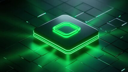 Poster - Abstract glowing square icon with neon green light effect on a dark geometric background for technology and digital designs