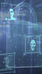 Poster - Animation of biometric photos, padlock and digital data processing over computer servers