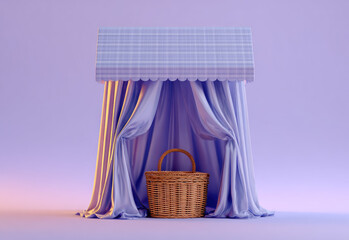 Aufkleber - Minimal empty kiosk setup with soft cloth drapes and woven basket, pastel purple background, cozy and inviting atmosphere, modern design, gentle lighting, simple and elegant style