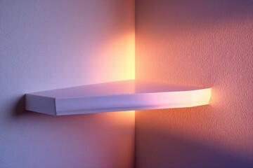 Aufkleber - Minimalist white shelf soft shadow empty corner clean wall warm ambient light modern interior peaceful atmosphere subtle gradient contemporary design simplicity