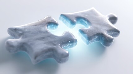 Poster - A conceptual image of a bridge made of light connecting two abstract puzzle pieces, isolated on a pure white background. Connecting ideas, problem-solving bridge.