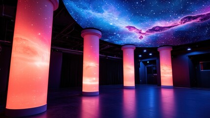 Poster - Cosmic Disco Club with Galaxy Themed Light Features and Vibrant Pillars Illuminating a Starry Night
