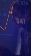 Poster - Animation of financial data processing over caucasian woman using smartphone